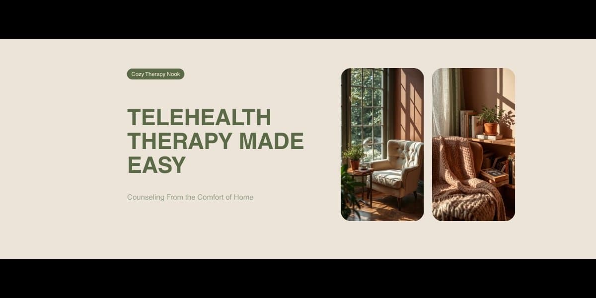 Cozy home therapy nook for telehealth counseling session in Texas